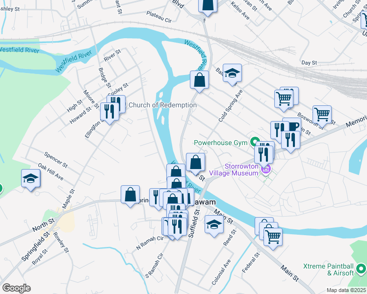 map of restaurants, bars, coffee shops, grocery stores, and more near 101 River Street in West Springfield