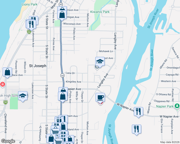map of restaurants, bars, coffee shops, grocery stores, and more near 2211 Morton Avenue in St. Joseph