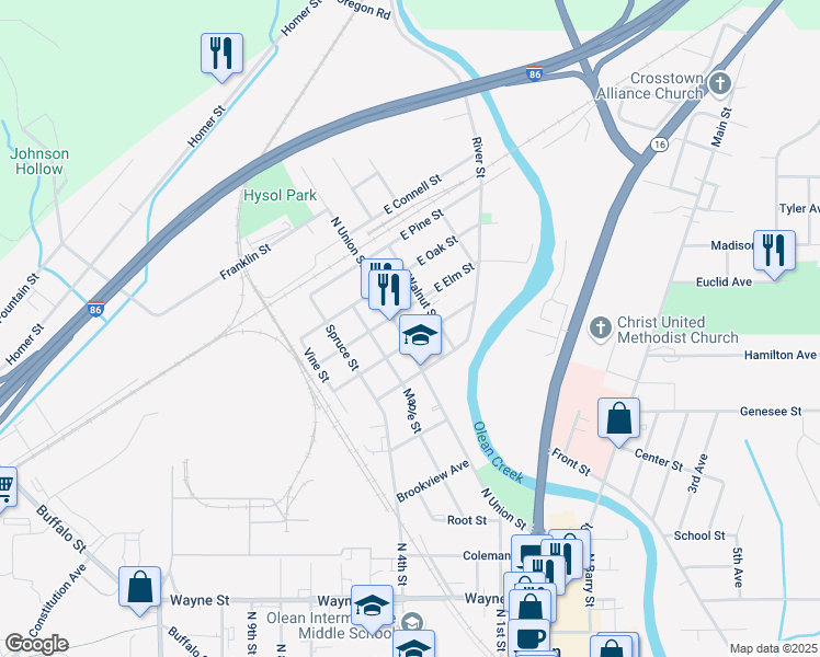 map of restaurants, bars, coffee shops, grocery stores, and more near 1104 North Union Street in Olean
