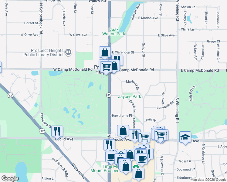 map of restaurants, bars, coffee shops, grocery stores, and more near 19 South Elmhurst Road in Prospect Heights