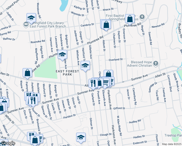 map of restaurants, bars, coffee shops, grocery stores, and more near 64 Gillette Avenue in Springfield