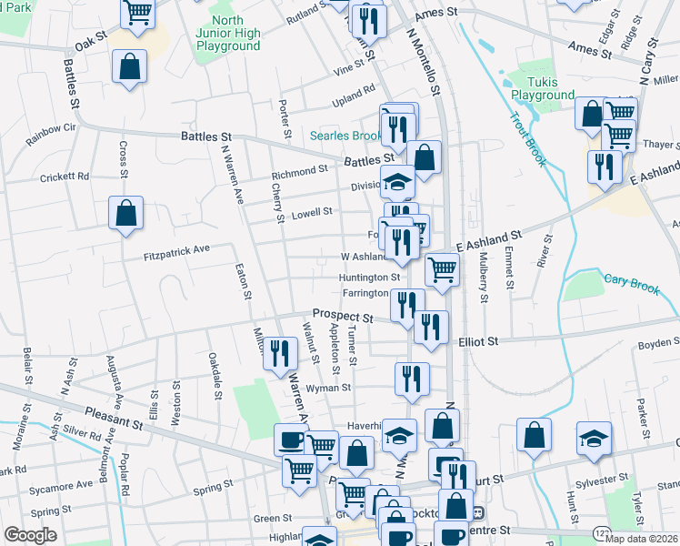 map of restaurants, bars, coffee shops, grocery stores, and more near 55 Huntington Street in Brockton