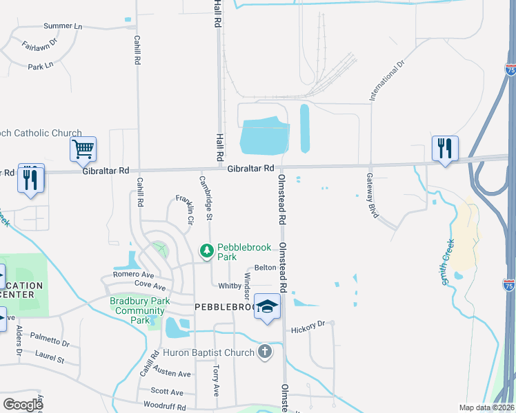 map of restaurants, bars, coffee shops, grocery stores, and more near 23151 Gibraltar Road in Flat Rock
