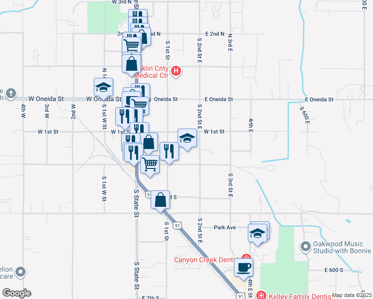 map of restaurants, bars, coffee shops, grocery stores, and more near 151 East 2nd South in Preston