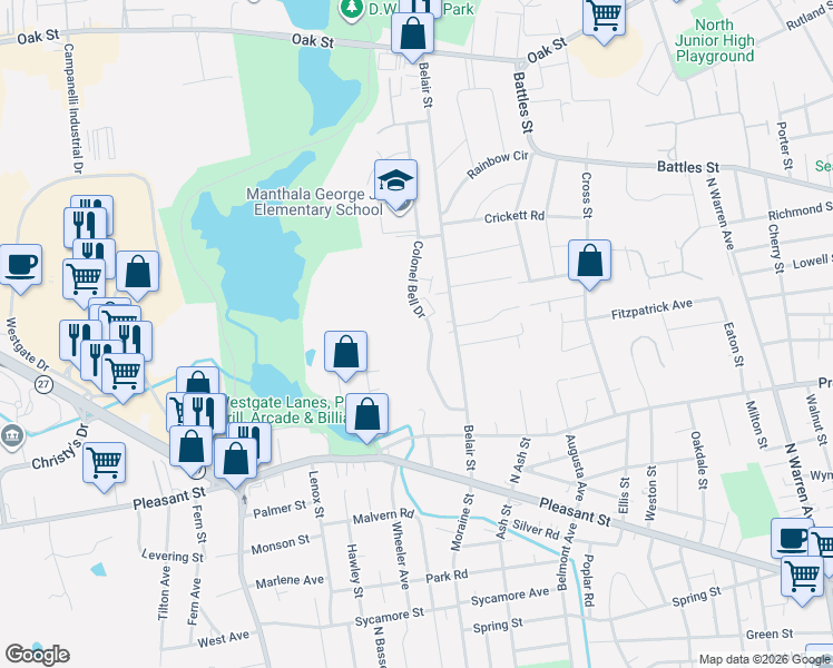 map of restaurants, bars, coffee shops, grocery stores, and more near 72 Colonel Bell Drive in Brockton