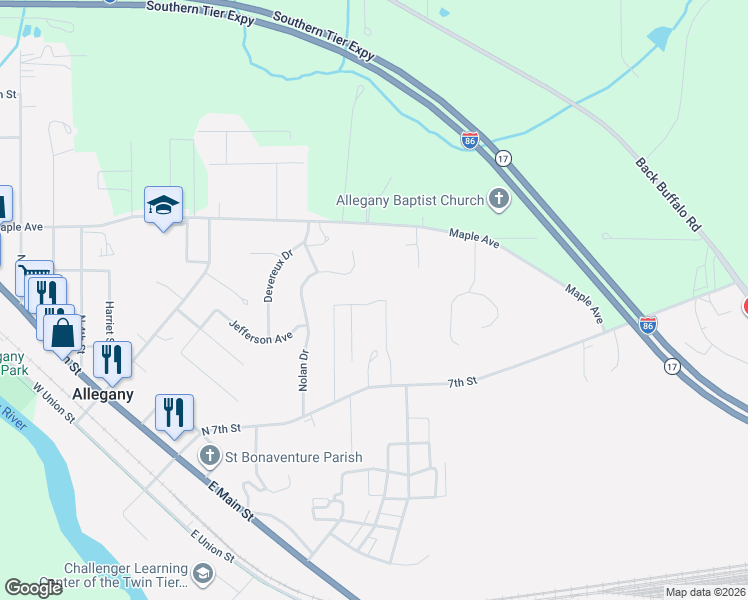 map of restaurants, bars, coffee shops, grocery stores, and more near 7 Saint Johns Drive in Allegany