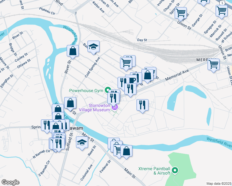 map of restaurants, bars, coffee shops, grocery stores, and more near 17 Exposition Avenue in West Springfield