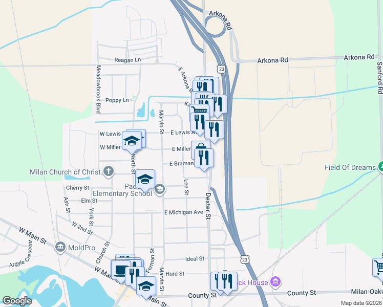 map of restaurants, bars, coffee shops, grocery stores, and more near 340 East Miller Avenue in Milan