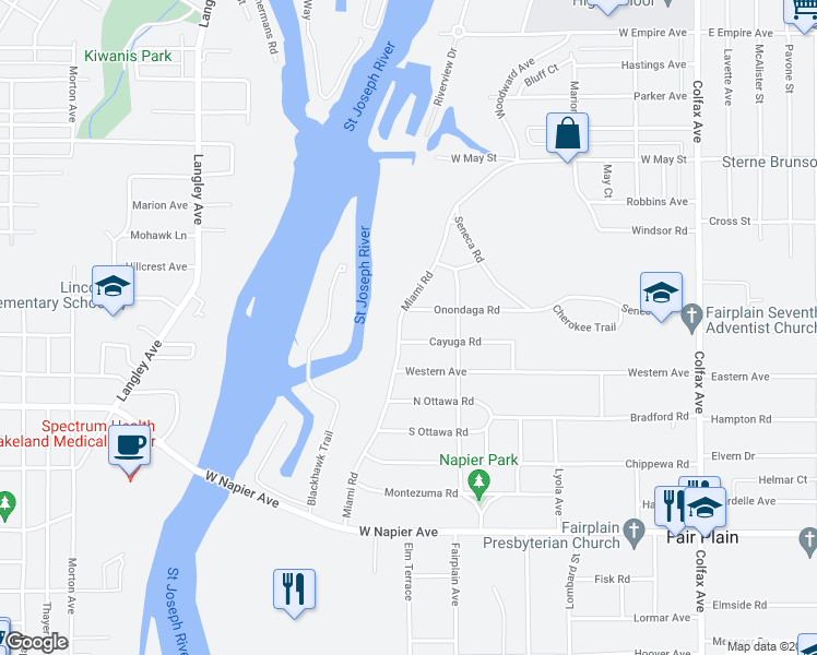 map of restaurants, bars, coffee shops, grocery stores, and more near 1389 Miami Road in Benton Harbor