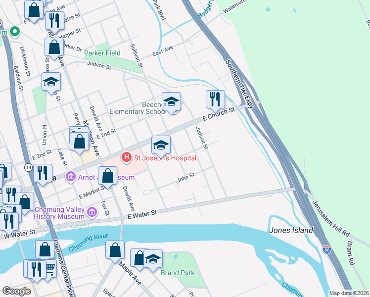 map of restaurants, bars, coffee shops, grocery stores, and more near 809 East Market Street in Elmira