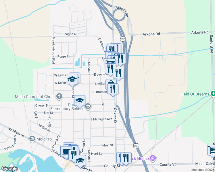 map of restaurants, bars, coffee shops, grocery stores, and more near 340 East Miller Avenue in Milan