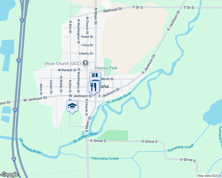 map of restaurants, bars, coffee shops, grocery stores, and more near 228 East Canal Street in Tekonsha