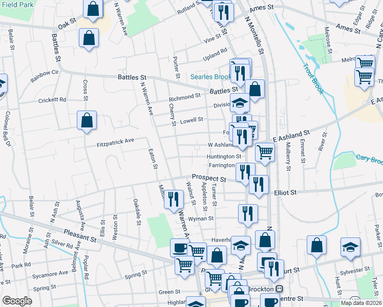 map of restaurants, bars, coffee shops, grocery stores, and more near 89 Huntington Street in Brockton