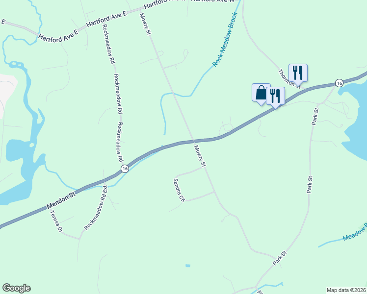 map of restaurants, bars, coffee shops, grocery stores, and more near 152 Uxbridge Road in Mendon