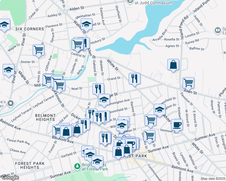 map of restaurants, bars, coffee shops, grocery stores, and more near 124 Revere Street in Springfield