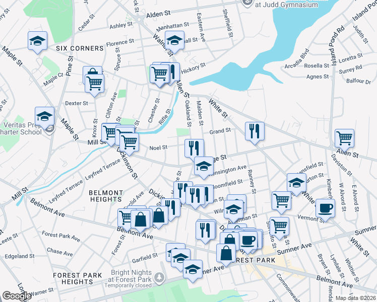 map of restaurants, bars, coffee shops, grocery stores, and more near 299 Oakland Street in Springfield