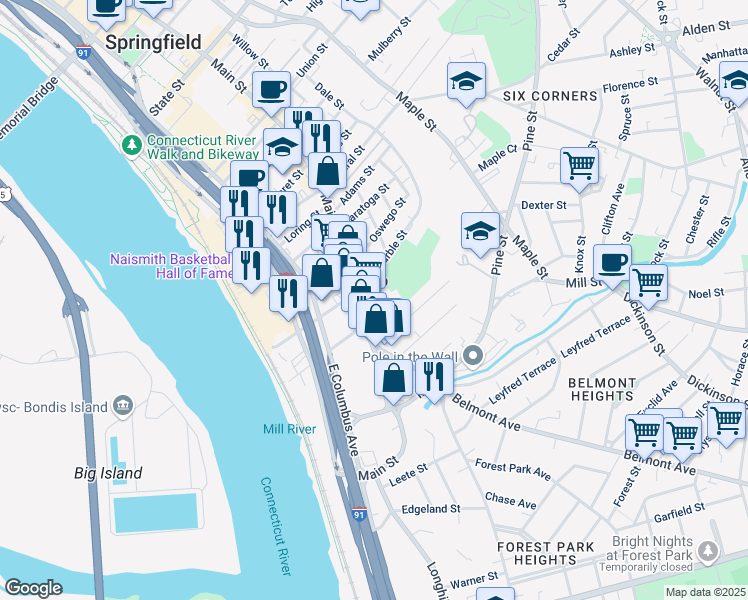 map of restaurants, bars, coffee shops, grocery stores, and more near 511 Main Street in Springfield