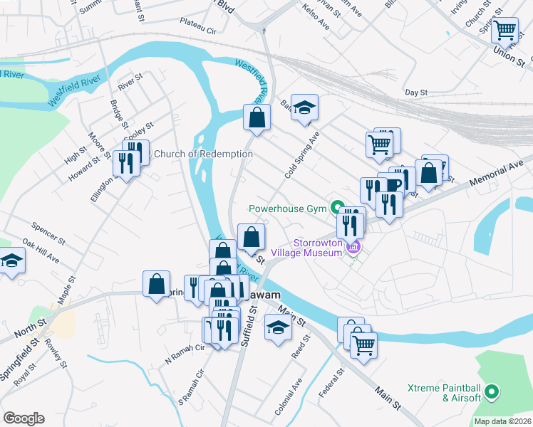 map of restaurants, bars, coffee shops, grocery stores, and more near 443 Cold Spring Avenue in West Springfield