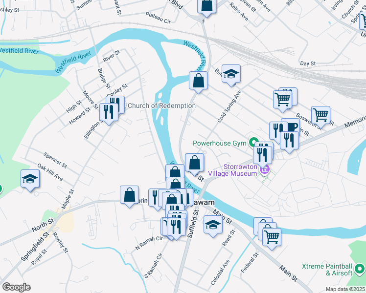 map of restaurants, bars, coffee shops, grocery stores, and more near 101 River Street in West Springfield