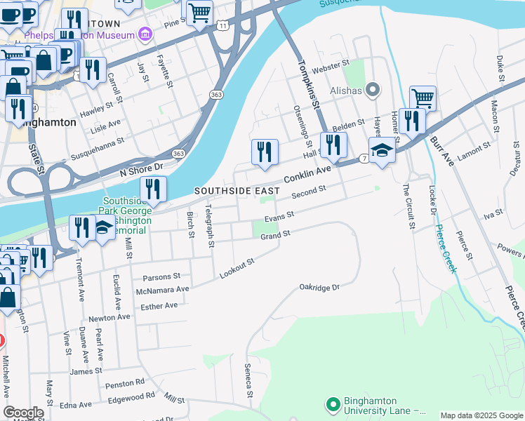 map of restaurants, bars, coffee shops, grocery stores, and more near 25 Evans Street in Binghamton