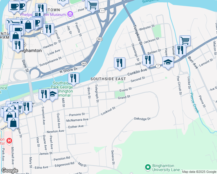 map of restaurants, bars, coffee shops, grocery stores, and more near 10 John Street in Binghamton