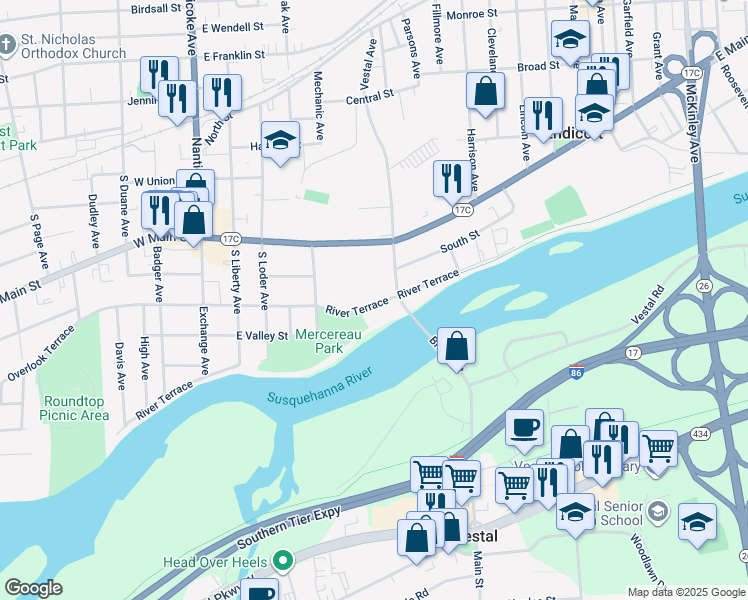 map of restaurants, bars, coffee shops, grocery stores, and more near in Endicott
