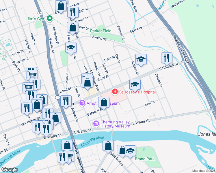 map of restaurants, bars, coffee shops, grocery stores, and more near 551 East Church Street in Elmira