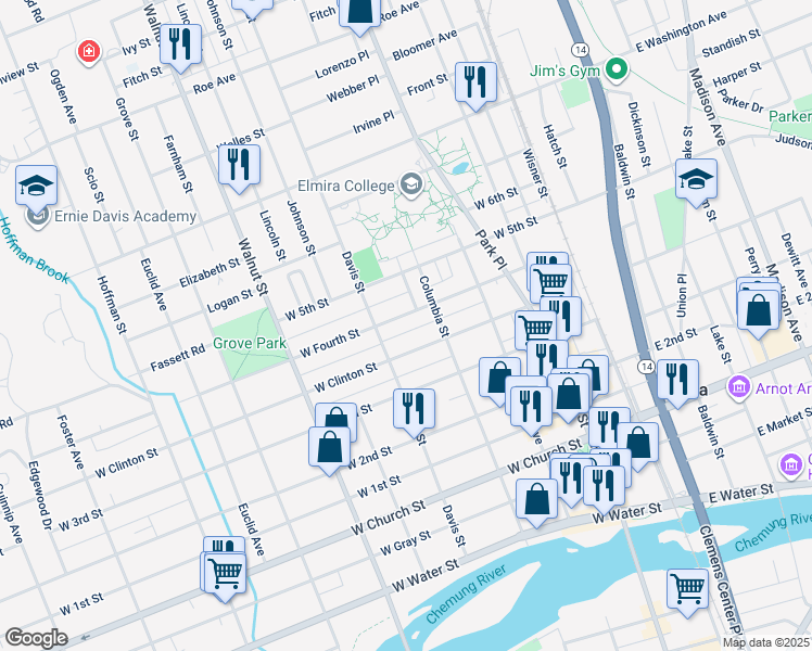 map of restaurants, bars, coffee shops, grocery stores, and more near 360 West Clinton Street in Elmira