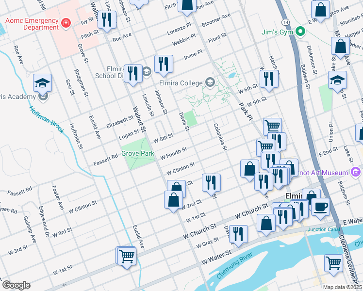 map of restaurants, bars, coffee shops, grocery stores, and more near 416 West Fourth Street in Elmira