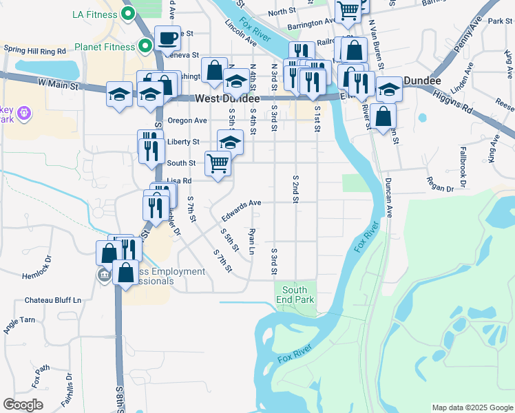 map of restaurants, bars, coffee shops, grocery stores, and more near 501 Ryan Lane in West Dundee