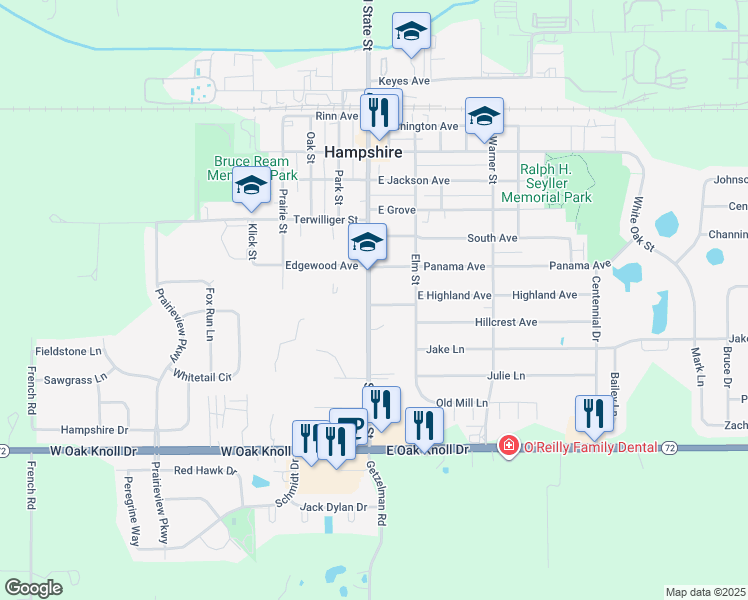 map of restaurants, bars, coffee shops, grocery stores, and more near 104 High Avenue in Hampshire