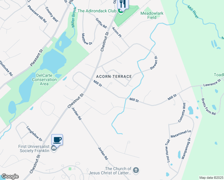 map of restaurants, bars, coffee shops, grocery stores, and more near 34 Mill Street in Franklin