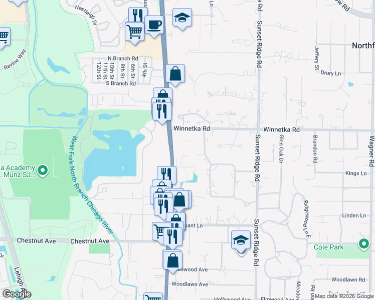 map of restaurants, bars, coffee shops, grocery stores, and more near 1575 Winnetka Road in Glenview