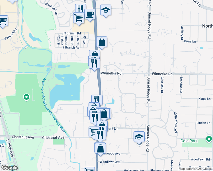 map of restaurants, bars, coffee shops, grocery stores, and more near 1575 Winnetka Road in Glenview