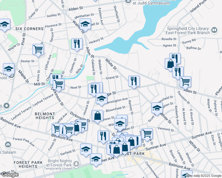 map of restaurants, bars, coffee shops, grocery stores, and more near 124 Revere Street in Springfield