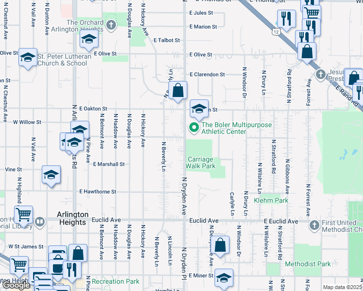 map of restaurants, bars, coffee shops, grocery stores, and more near 834 North Dryden Avenue in Arlington Heights