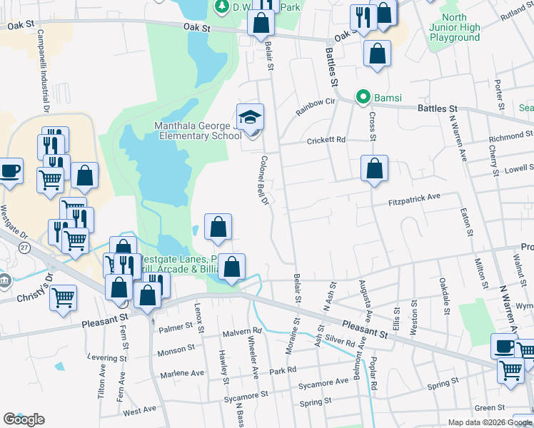 map of restaurants, bars, coffee shops, grocery stores, and more near 77 Colonel Bell Drive in Brockton