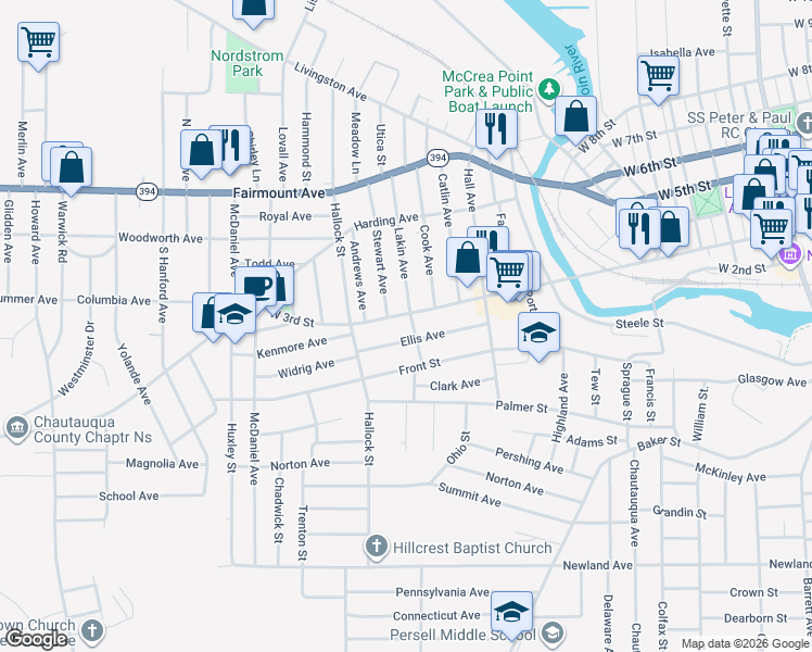 map of restaurants, bars, coffee shops, grocery stores, and more near 48 Ellis Avenue in Jamestown