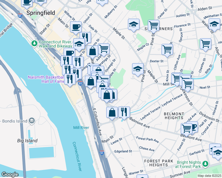 map of restaurants, bars, coffee shops, grocery stores, and more near 44 Rutledge Avenue in Springfield