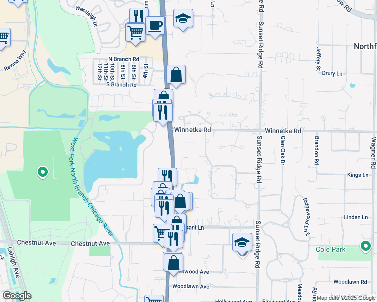 map of restaurants, bars, coffee shops, grocery stores, and more near 1575 Winnetka Road in Glenview