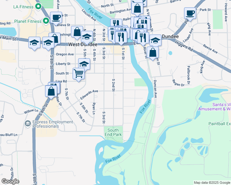 map of restaurants, bars, coffee shops, grocery stores, and more near 503 South 2nd Street in West Dundee