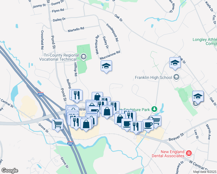map of restaurants, bars, coffee shops, grocery stores, and more near 809 Franklin Crossing Road in Franklin