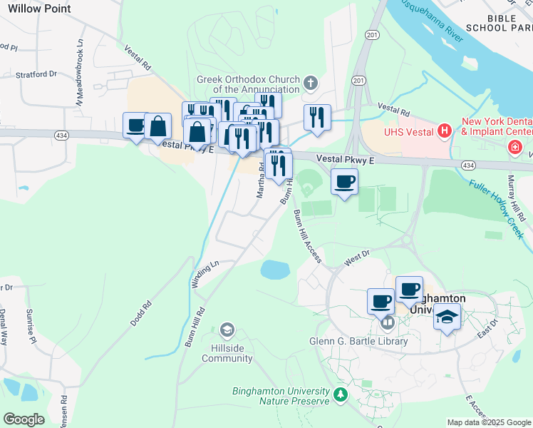 map of restaurants, bars, coffee shops, grocery stores, and more near 1077 Bunn Hill Road in Vestal