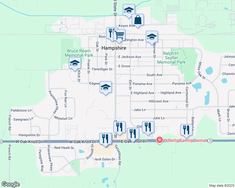 map of restaurants, bars, coffee shops, grocery stores, and more near 104 High Avenue in Hampshire