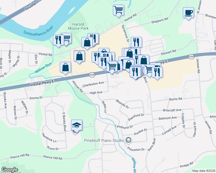 map of restaurants, bars, coffee shops, grocery stores, and more near 1312 Evergreen Street in Vestal