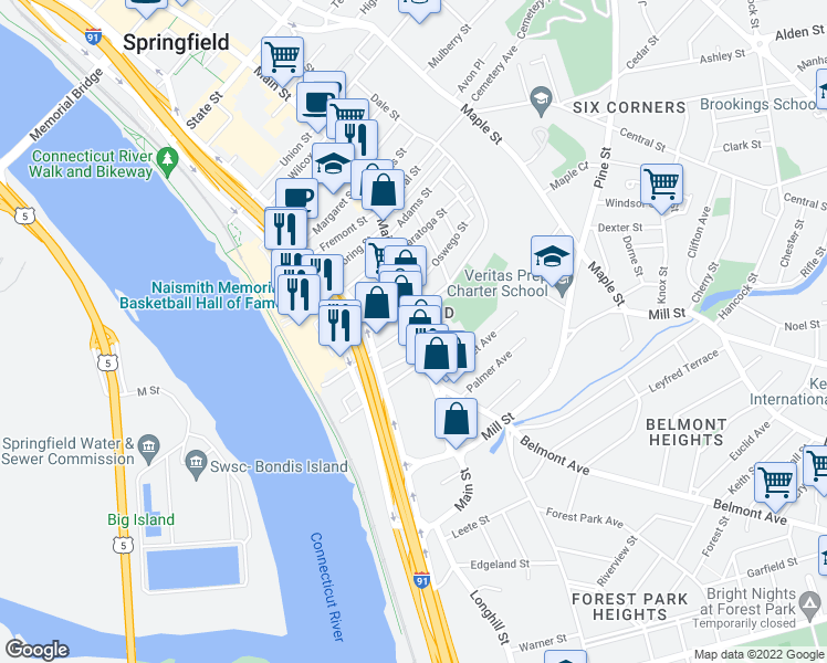 map of restaurants, bars, coffee shops, grocery stores, and more near 511 Main Street in Springfield