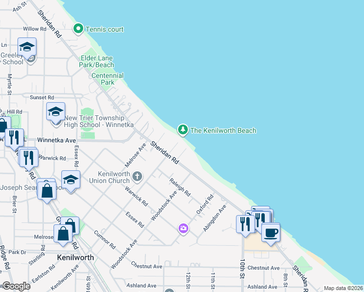 map of restaurants, bars, coffee shops, grocery stores, and more near 419 Kenilworth Avenue in Kenilworth
