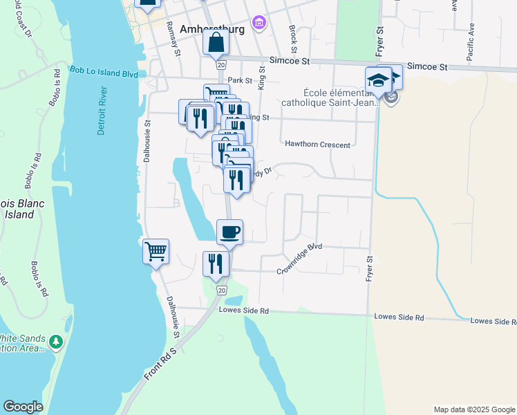 map of restaurants, bars, coffee shops, grocery stores, and more near 12 Malden Hill Drive in Amherstburg