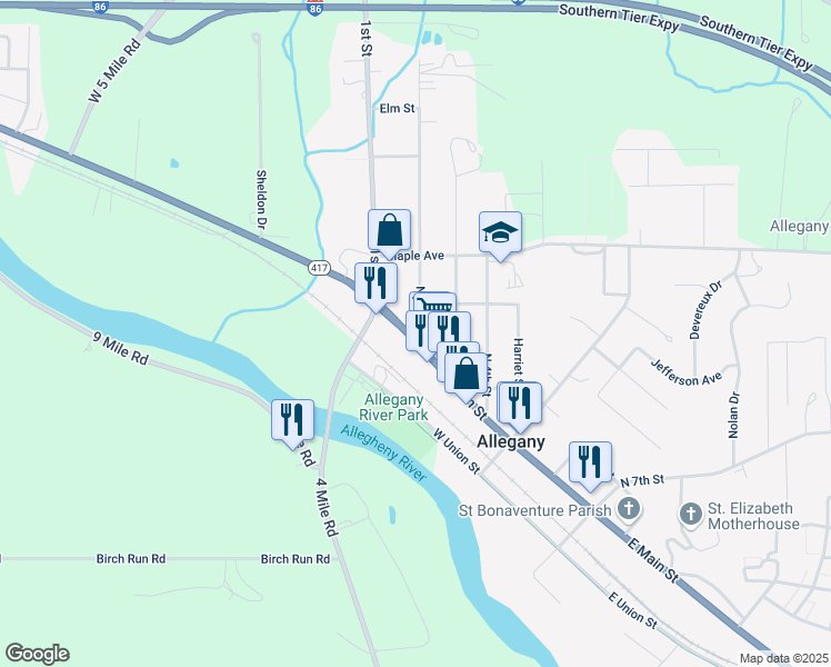 map of restaurants, bars, coffee shops, grocery stores, and more near 7 North 2nd Street in Allegany