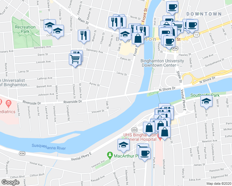 map of restaurants, bars, coffee shops, grocery stores, and more near 16 Riverside Drive in Binghamton